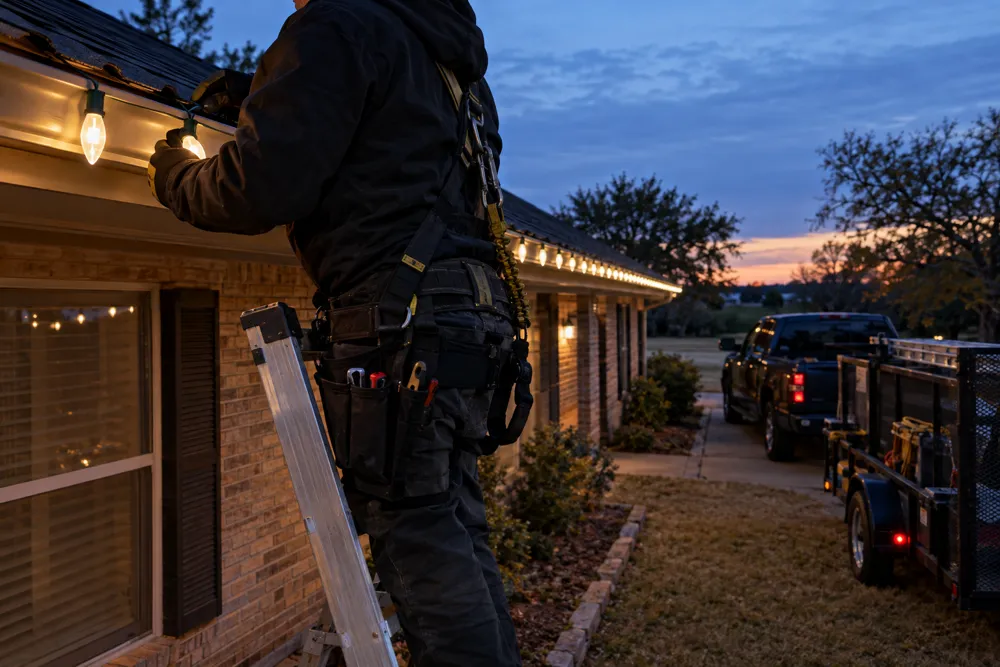 Installer clipping Christmas lights along a roofline