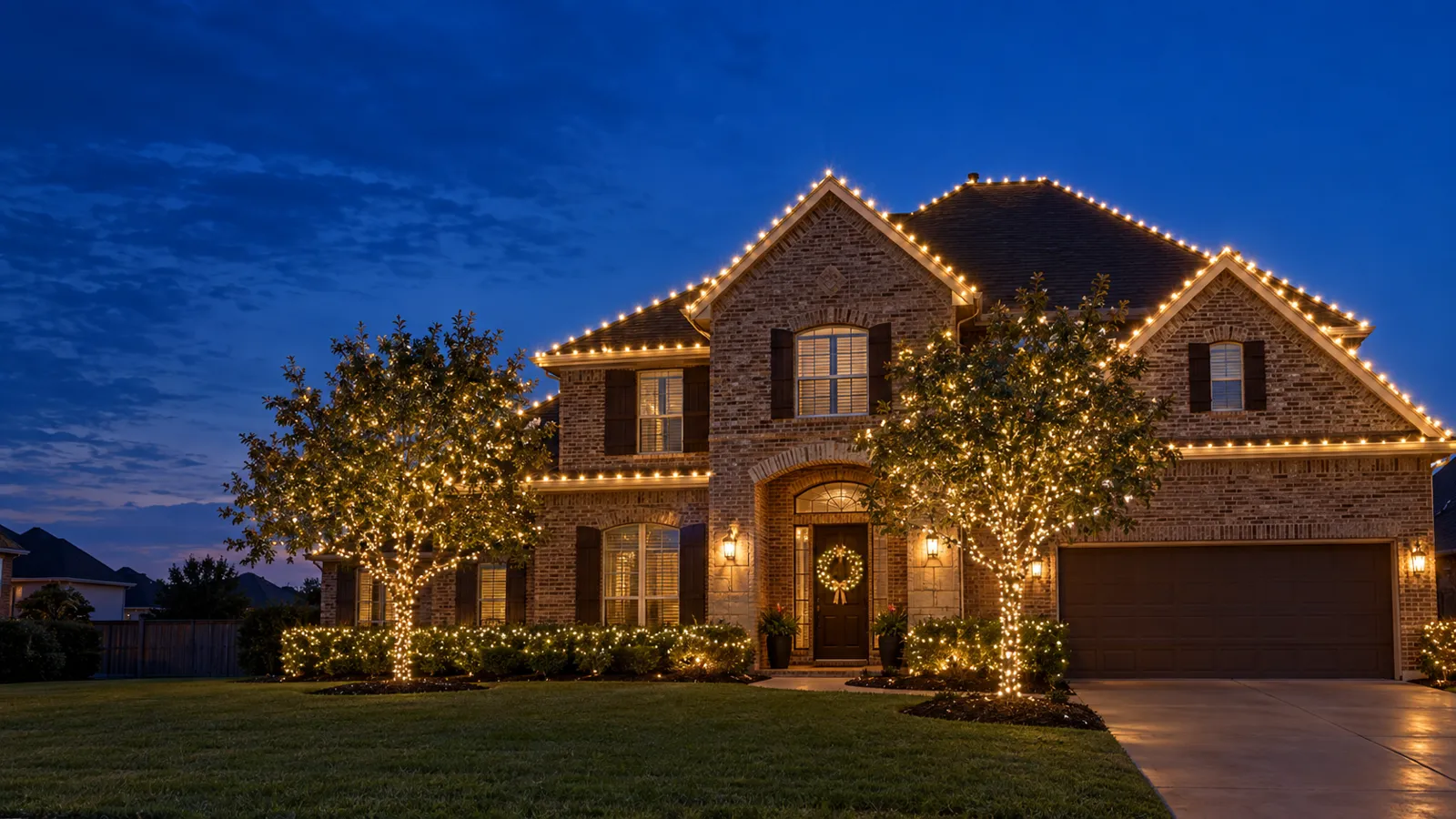 Pearland home with professionally installed Christmas lights at dusk