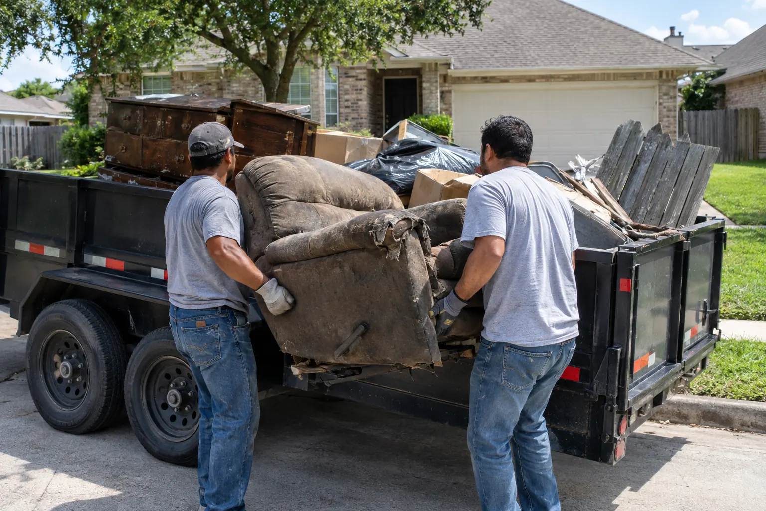 Crew loading an old recliner into a dump trailer