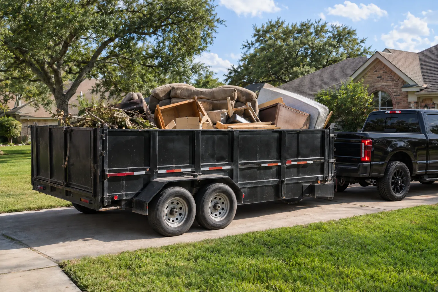 Black pickup truck towing a loaded dump trailer