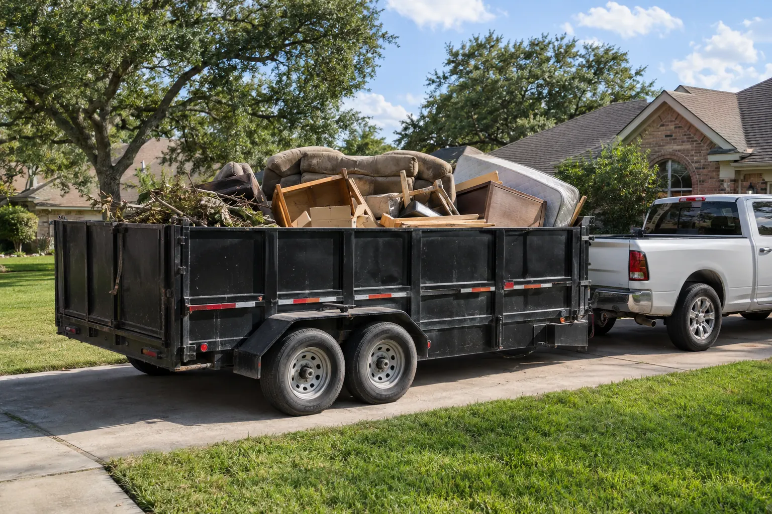 Dump trailer loaded with household junk in a Houston driveway